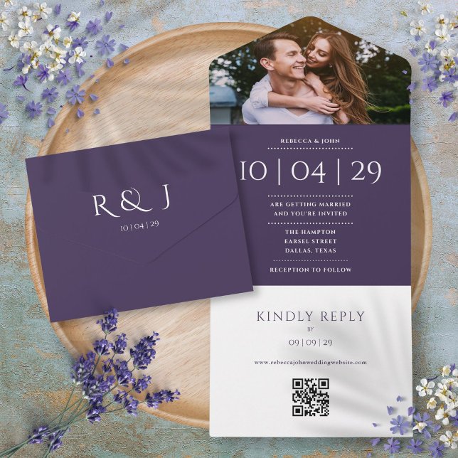 Invitation Tout En Un Monogramme violet QR Code Mariage photo Date (Purple Monogram QR Code Photo Wedding Date All In One Invitation)