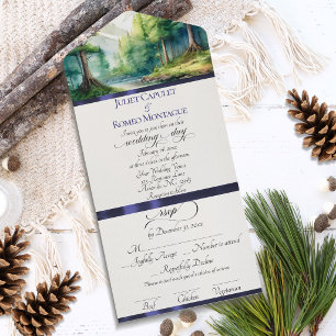 Invitation Tout En Un Montagnes à l'aquarelle & Mariage au ruban bleu