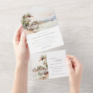 Invitation Tout En Un Montego Bay Jamaïque Mariage de paysage aquarelle
