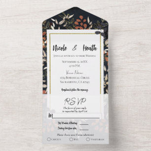 Invitation Tout En Un Moody Blue Gold Bold Botanical Feuille Mariage