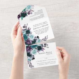 Invitation Tout En Un Moody Boho   Arbre Turquoise et violet floral fonc