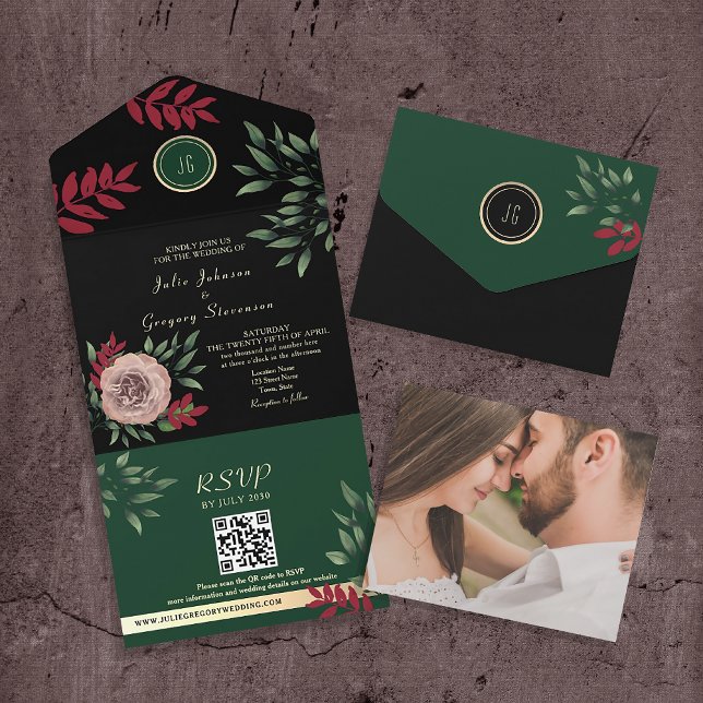 Invitation Tout En Un Moody foncé Floral Élégant Mariage noir (Créateur téléchargé)