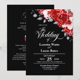 Invitation Tout en un Moody Rouge Rose Floral Mariage noir