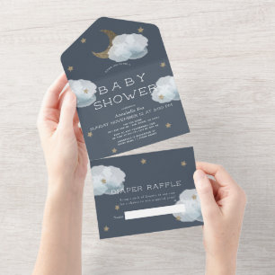 Invitation Tout En Un Moon Star & Cloud Navy Blue Diaper Baby shower