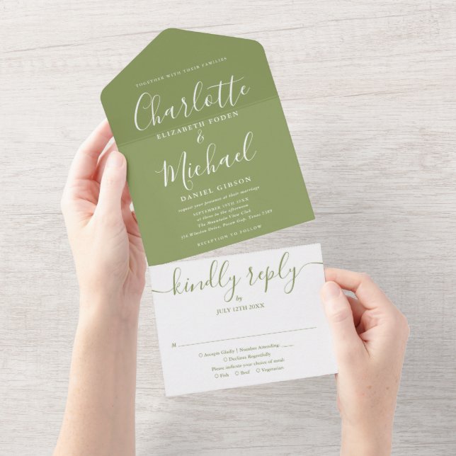 Invitation Tout En Un Moss Green Elegant moderne Signature Mariage de sc (Déchirure)