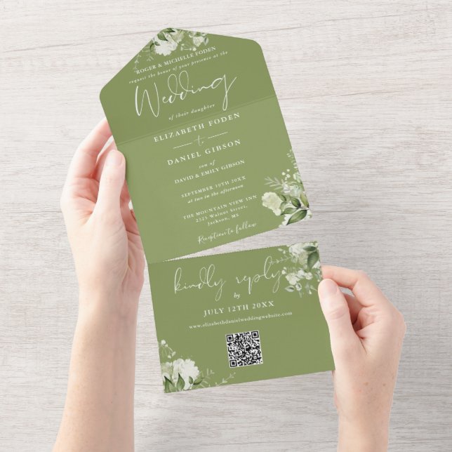 Invitation Tout En Un Moss Green Floral Greenery QR Code Mariage (Déchirure)