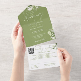 Invitation Tout En Un Moss Green Floral Monogramme QR Code Mariage
