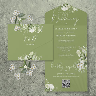 Invitation Tout En Un Moss Green Floral QR Code Monogramme Mariage
