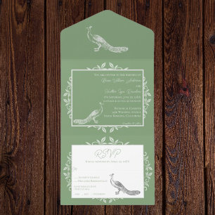 Invitation Tout En Un Moss Green Peacock S'épanouit Tout en une invitati