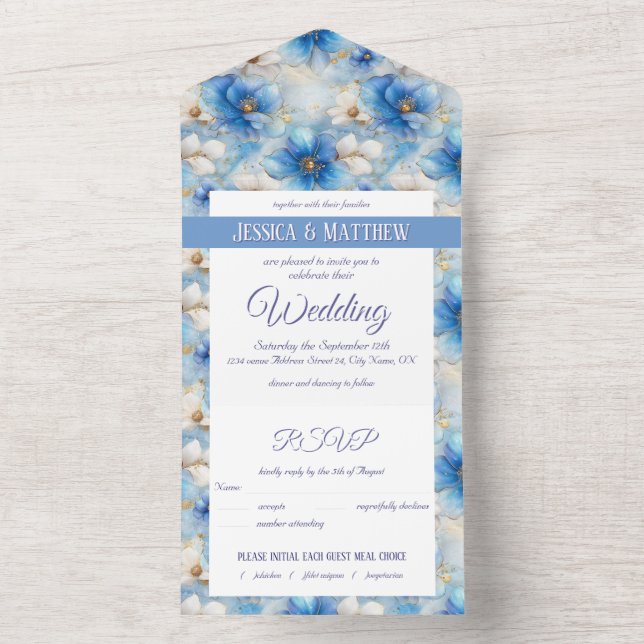 Invitation Tout En Un Motif de fleurs bleues (À l'intérieur)