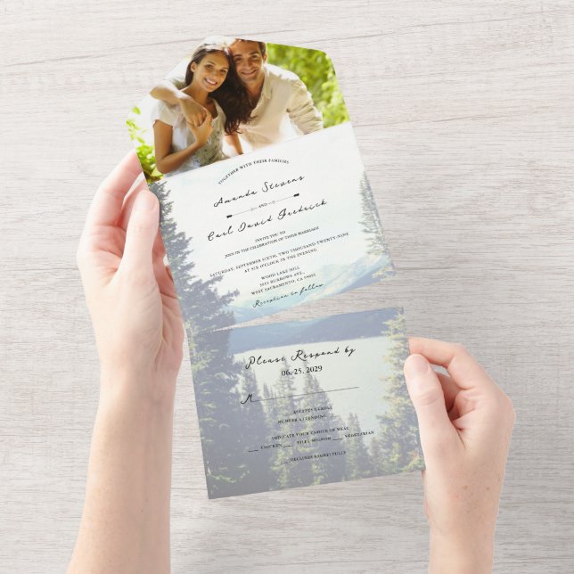 Invitation Tout En Un ©Mountain Woodland Forest Mariage Lakeside (Déchirure)