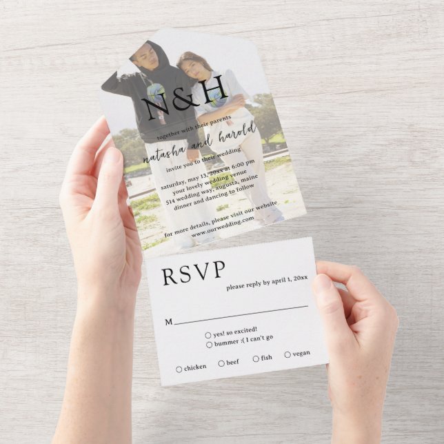Invitation Tout En Un Natasha Photo Monogramme Mariage moderne (Déchirure)