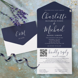 Invitation Tout En Un Navy Blue Elegant Script moderne QR Code Mariage