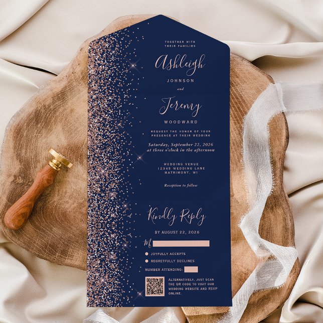 Invitation Tout En Un Navy Blue Rose Gold Glitter QR Code Wedding (Créateur téléchargé)