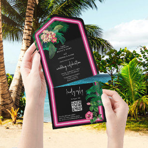 Invitation Tout En Un Neon Pink Tropical Retro Botanical Mariage