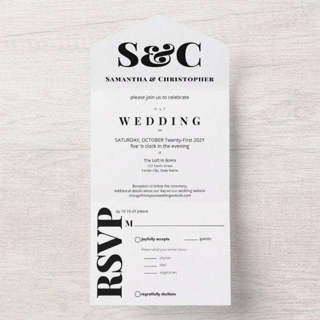 Invitation Tout En Un Nettoyer et Gras Ampersand Monogram noir et blanc (À l'intérieur)