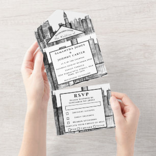 Invitation Tout En Un New York RSVP noir et blanc Mariage moderne
