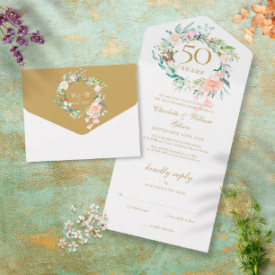 Invitation Tout En Un Noces d'or 50 ans Monogramme Floral