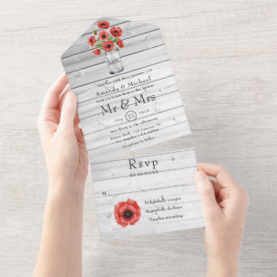 Invitation Tout En Un Noces rustiques de campagne au coquelicot rouge