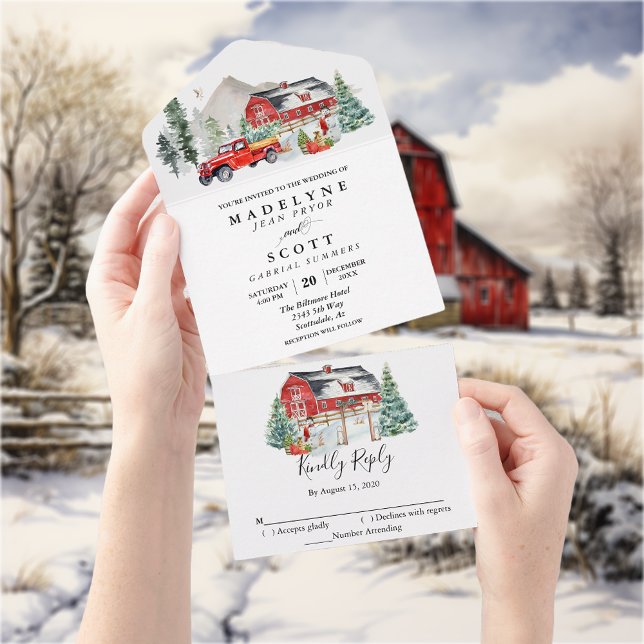Invitation Tout En Un Noël hiver Mariage campagnard de la grange à neige (Créateur téléchargé)