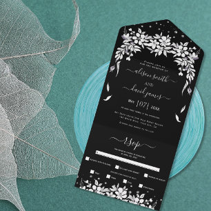 Invitation Tout En Un Noir, blanc, guirlande argent confetti mariage