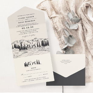 Invitation Tout En Un Noir de cendre Mariage d'esquisse de montagne