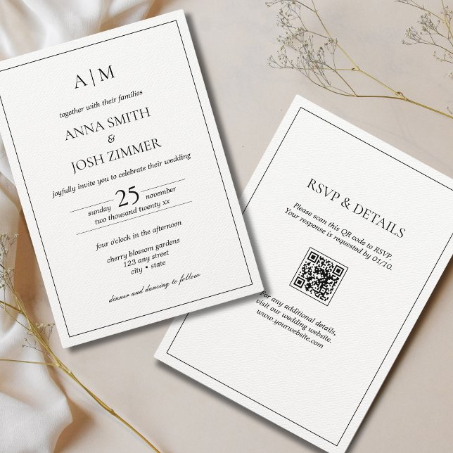 Invitation Tout en un noir et blanc Mini Monogramme Code QR (All white wedding invitation with QR code)