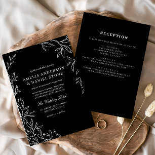 Invitation Tout en un noir et blanc minimaliste Mariage feuil