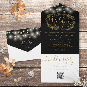 Invitation Tout En Un Noir Et Or Chaîne Lights QR Code Mariage