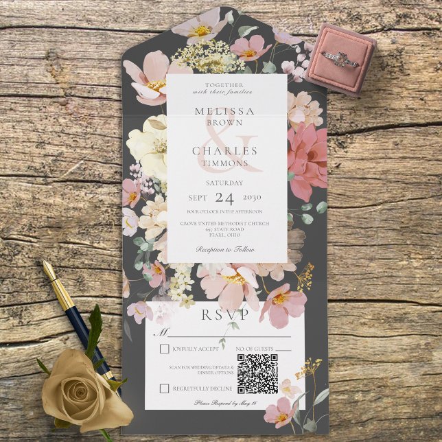 Invitation Tout En Un Noir et rose Fleurs Boho Blush Code QR (Créateur téléchargé)