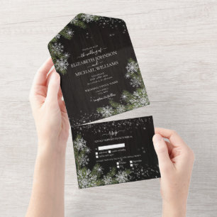 Invitation Tout En Un Noir foncé Moody Rustique Silver Winter Greenery
