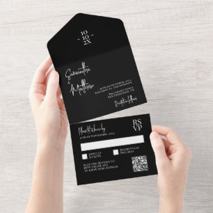 Invitation Tout En Un Noir moderne Rustique minimaliste Mariage QR Code