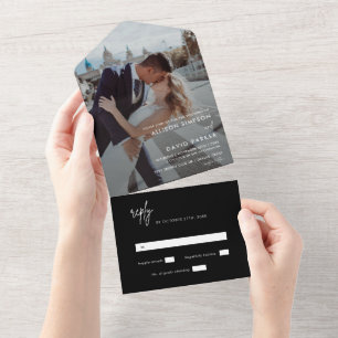 Invitation Tout En Un Noir moderne Simple Mariage Photo Pas de menu