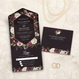Invitation Tout En Un Noir Moody Bourgogne Floral Élégant Mariage