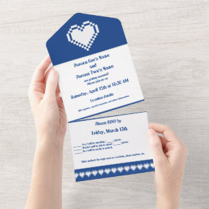Invitation Tout En Un Nos cœurs 8 bits en bleu