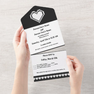 Invitation Tout En Un Nos coeurs 8 bits en noir