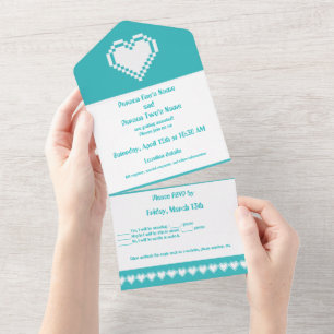 Invitation Tout En Un Nos Coeurs 8 bits en Turquoise