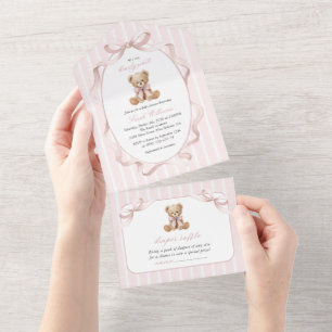 Invitation Tout En Un Nounours en peluche, Nœud rose, Rayures roses, Bab