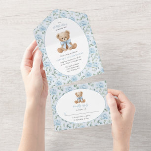 Invitation Tout En Un Nounours, Nœud Bleu, Fleurs Bleues, Premier Annive