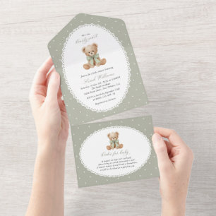 Invitation Tout En Un Nounours, Nœud, Points verts, Baby Shower