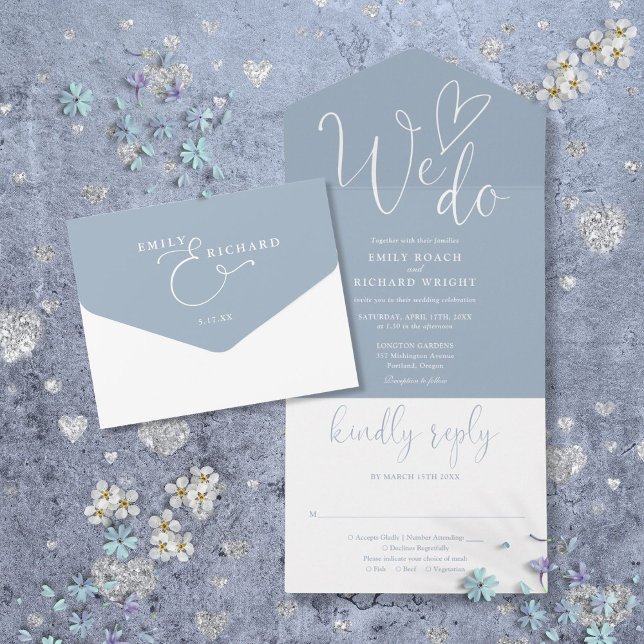 Invitation Tout En Un Nous aimons Coeur Script Dusty Blue Mariage (We Do Love Heart Script Dusty Blue Wedding All In One Invitation)