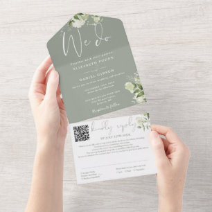 Invitation Tout En Un Nous faisons Verdure Monogramme QR Code Sage Maria
