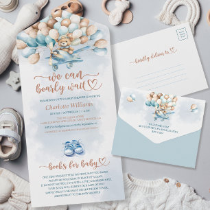 Invitation Tout En Un Nous Pouvons Attendre Bleu Ballons Teddy Bear