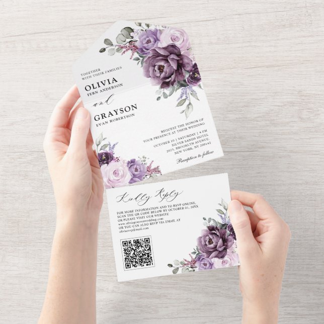 Invitation Tout En Un Nuances de pourpre Dusty fleurs Moody Floral Maria (Déchirure)