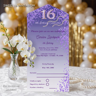 Invitation Tout En Un Numéro de calligraphie pailleté violet Sweet 16