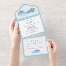 Ocean Mountain Lighthouse Blue Watercolor Mariage