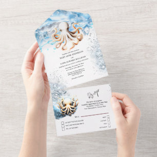 Invitation Tout En Un Octopus océan vagues bleu plage blanche mer côtièr