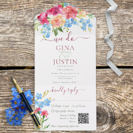 Invitation Tout En Un Oeillets roses rustiques et oublier mon code QR