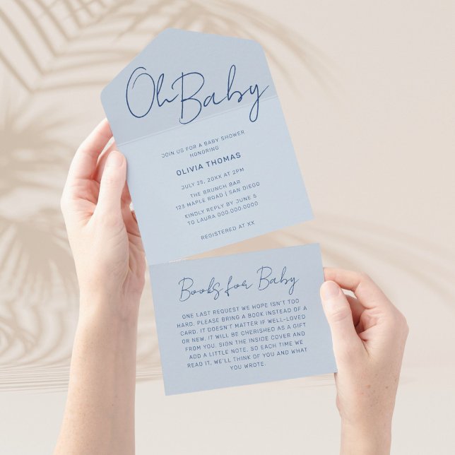 Invitation Tout En Un Oh Baby Dusty Bleu Baby shower minimal (Créateur téléchargé)