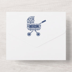 Invitation Tout En Un Oh Baby Navy Damask Pram Baby shower